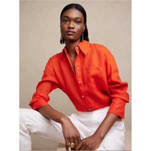 JM Collection Petites Coral Pink Linen Gold Button Down | ¾ Sleeves